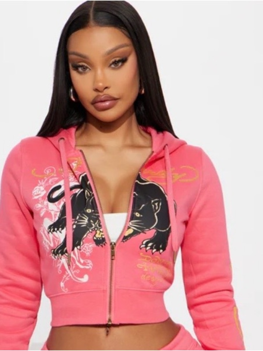 Ed Hardy Cropped Pink Zip-Up Hoodie with Panther Graphic XS  NEW